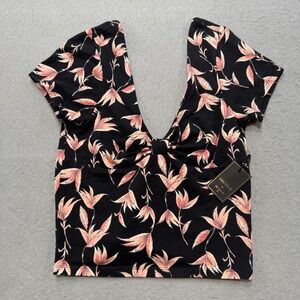 NEW Forever 21 Crop Top Women's Medium Black Pink Floral V-Neck Short Sleeve‎